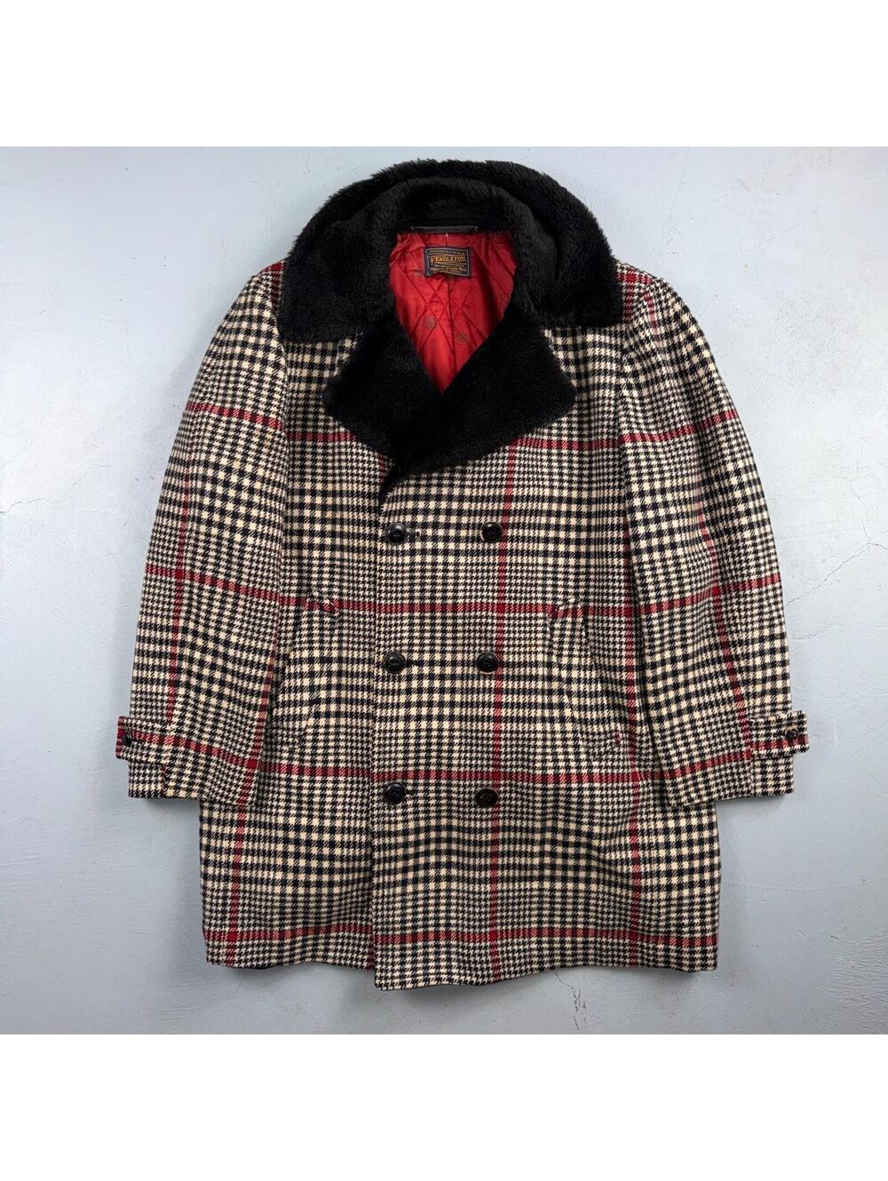 VTG Pendleton Jacket Black Plaid Wool USA Double Breast Chore Car Coat 60s 1960s